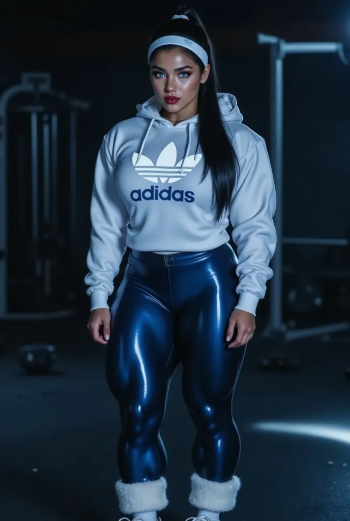 a photorealistic full body shot of beautiful woman with black hair, alabaster skin and blue eyes wearing a white hoodie with a white adidas logo and shiny navy blue metallic leggings.  the woman has huge muscles that stretch her clothes to their limits.  h...