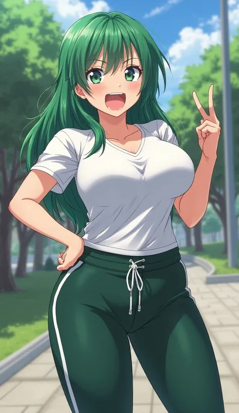 Anime Sexy, daring woman, posing sensually, provoking the viewer, green hair, dressed in a white short-sleeved t-shirt, juicy chest as big as balloons, wide hips, thick thighs, long dark green sports pants with a white stripe on the sides, in the school ya...