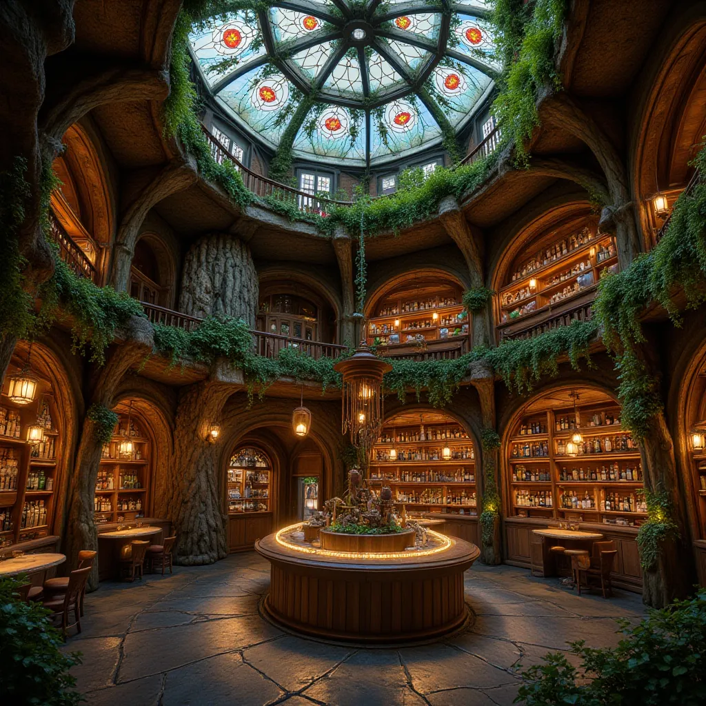 realistic photo, best quality, no humans, an enchanting bar features a fantasy woodland aesthetic, with tree-like structures, arched windows, and glowing stained-glass skylights that bathe the space in a warm, magical light. Organic wooden furnishings, mos...