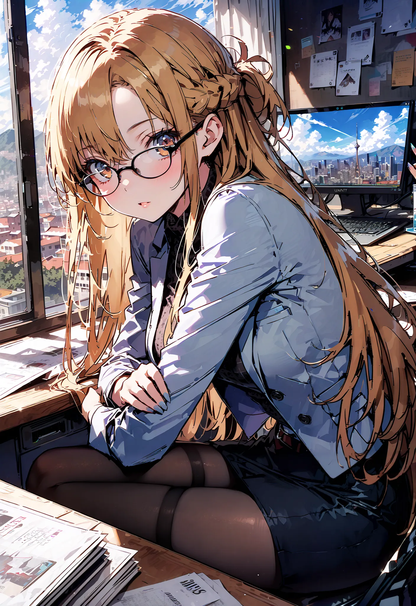  score_9,  score_8_up,  score_7_up,  source_anime, Asuna Yuki ,  long hair, Hair,brown eyes, bangs,Medium breast,,half updo, suit, pencil skirt,  jacket,  shirt,black pantyhose,Stiletto Heels,Glasses, sitting on a chair with legs crossed, Interior , comput...