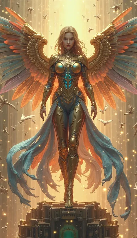 A gold and sapphire armored warrior, her bodysuit infused with celestial Thai silk patterns, glowing faintly like divine embroidery. Her cape flows like a royal Garuda’s wings, shimmering in blue and red. She stands atop a floating emerald temple, surround...