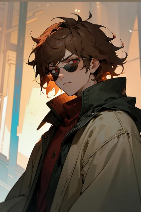 1male, finely detailed, red eyes, (messy medium hair), light brown hair , lean, winter clothing, dark sunglasses, serious expression, (perfect generation), amazing quality, detailed background, perfect quality, looking at viewer, nice mansion in background...