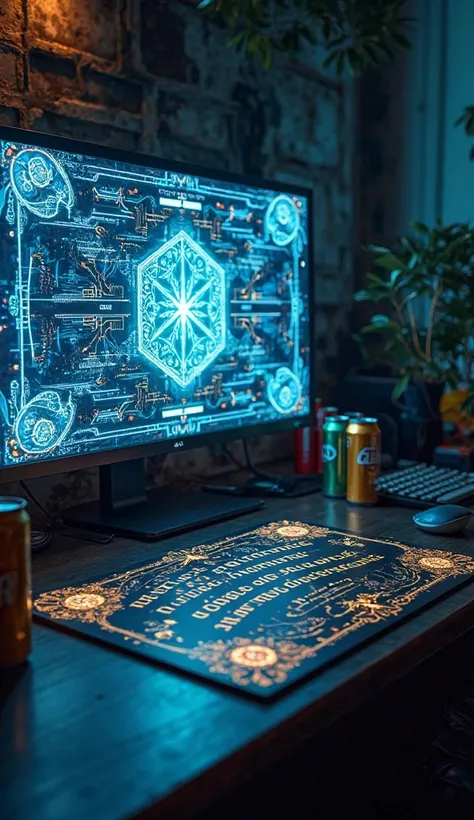 On a computer screen you can see a Ouija board merging with an artificial intelligence, this screen should be seen in the foreground, on a desk and several energy drinks around