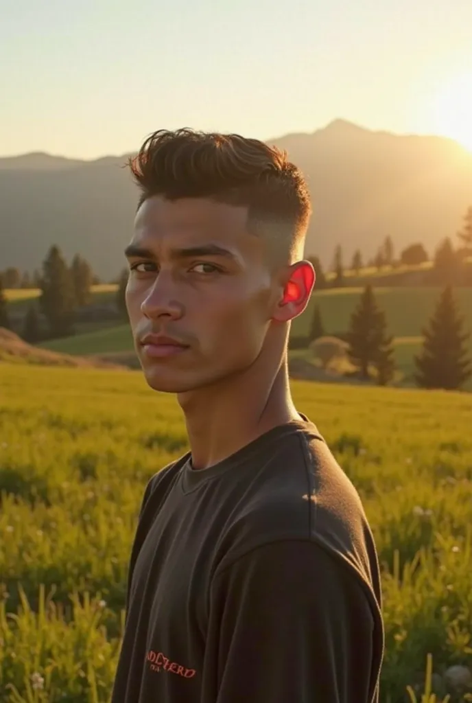 Real photograph, a 24 year old boy, haircut high fade, Height is 6"3, he wakes up to the sound of birds chirping and the warm sun rising over the hills. The air feels fresh, and the scenery is breathtaking—lush green fields, tall trees, and the distant mou...