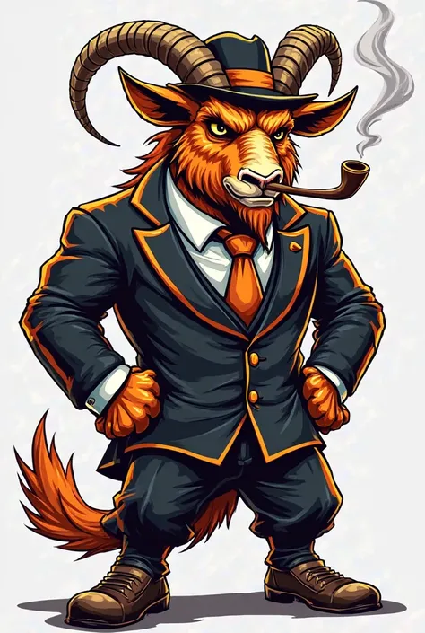 A png drawing of a soccer team mascot that is an angry goat in a black and orange suit wearing a hat and smoking tobacco 