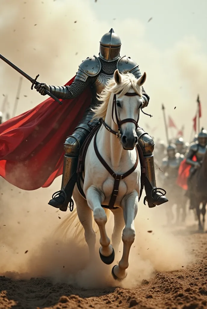 In a dramatic display of medieval warfare, an armored white knight, clad in detailed metal armor, rides a spirited white horse through a smoke-filled battlefield. The scene captures the intensity of combat, with the knight brandishing a weapon and his red ...