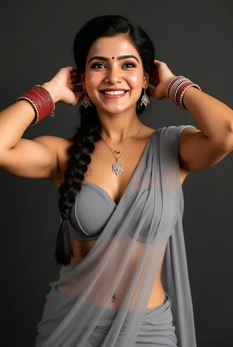 A beautiful mature Indian woman, age 20-25, with light brown skin, long black hair in a braid, big round breasts 36D, a traditional smiling expression, and a perfect fit body with curved hips and round 37, tight big boobs 36DD. She is wearing a grey lehnga...