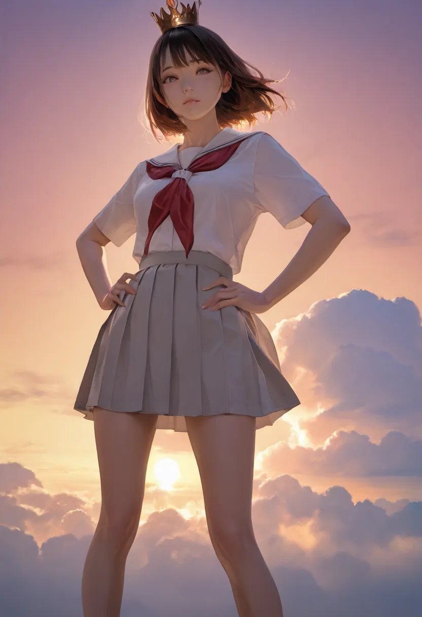 (hyperrealistic),(best quality), (masterpiece), beautiful girl, A girl standing on a breakwater looking at the viewer, backlit silhouette, hands on hips, legs apart, wearing a Japanese schoolgirl uniform, a single cloud in a sunset sky, a crown-shaped clou...