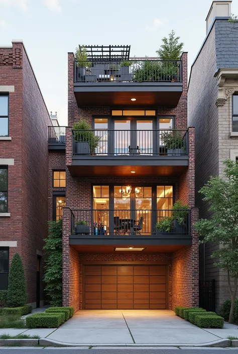 Garage lower level. 2nd level house. 3rd level rooftop patio. Chicago style brick extrior wall