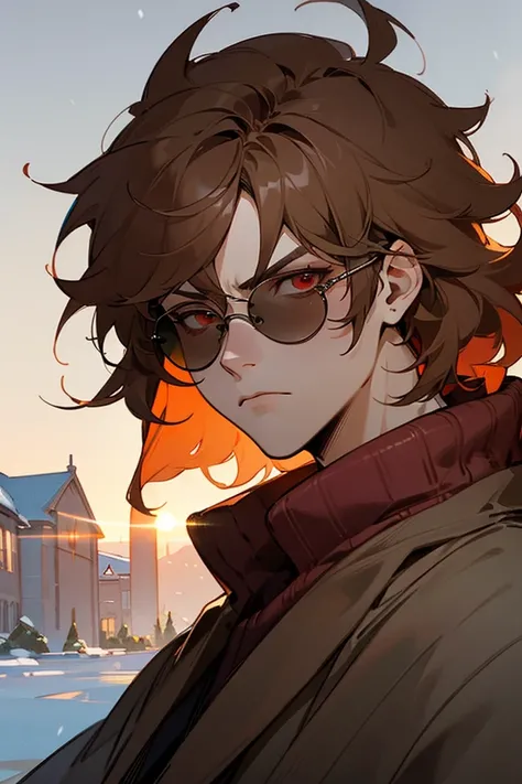 1male, finely detailed, red eyes, (messy medium hair), light brown hair , lean, winter clothing, dark sunglasses, serious expression, (perfect generation), amazing quality, detailed background, perfect quality, looking at viewer, nice mansion in background...