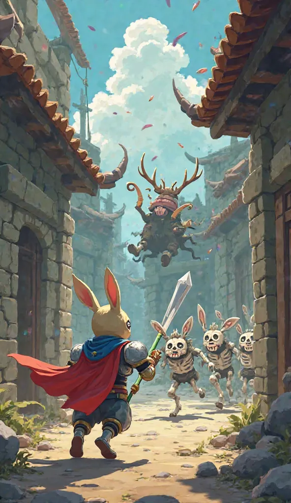 "A chaotic alley clash with gray and brown stone walls from the lair. Lão Loãng snarls furiously, pointing his green staff as skinny skeleton minions charge forward. Hiệp Sĩ Caltonat, the rabbit in silver-white armor with a blue cape and his radiant sword,...