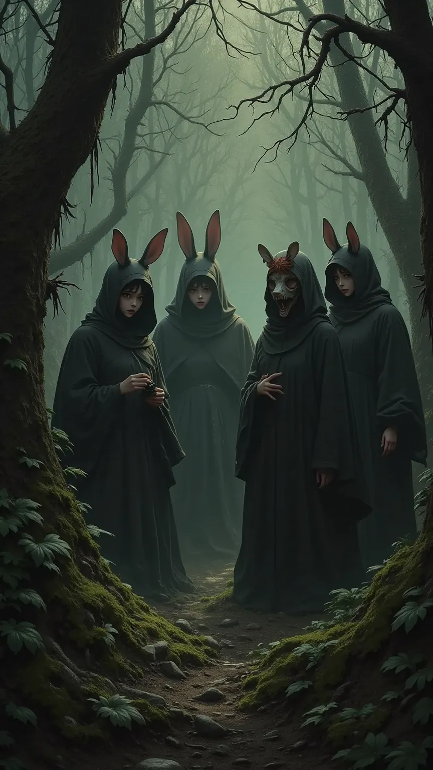 sinister, eerie, dark, shadow, distorted, grainy, film grain, Victorian, cultists, hooded, eerie, forest, rabbit head masks