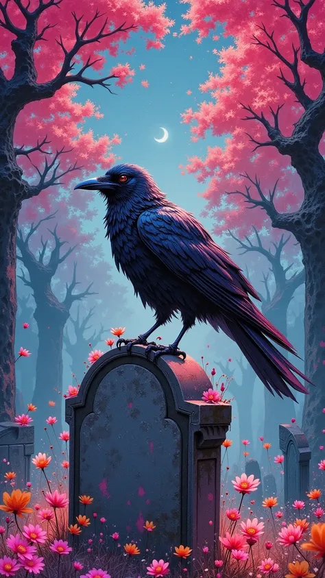 "Coloful Ink splash art style of a crow in a graveyard. Perched on tombstone. Starry night sky, Flowers, fog. Colorful inksplash background.