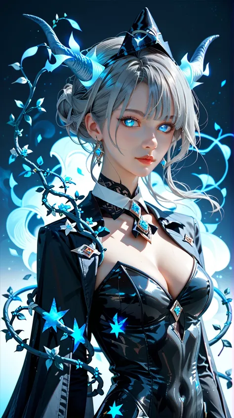  score_9,  score_8_up,  score_7_up, upscale 2x, ( anime style, Beautiful Female Magician, Gray Hair, Blue Glowing Horns and Eyes, Blue Glowing Twisted Vine Spell, Wearing a Black Bodysuit, Simple Glowing Background :1.2)