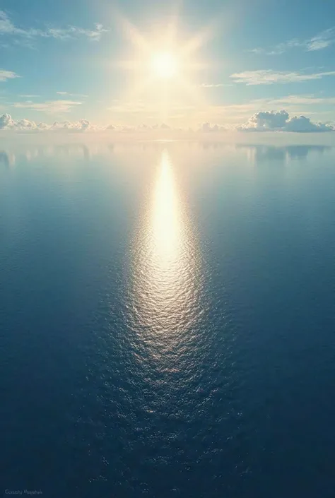 Reflection of the sun in the sea seen from above an airplane