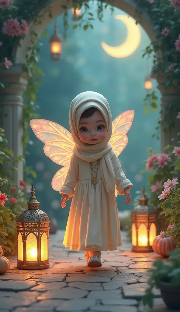 "A cute little fairy with angelic wings, wearing a pastel-colored hijab and a flowy dress, walking gracefully in a mystical Islamic garden while reciting a naat. Arabic lanterns glow softly around her, and a crescent moon shines in the background, creating...