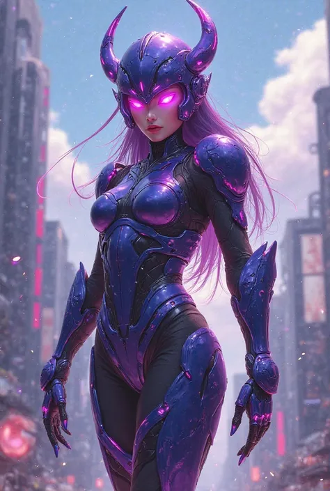 Asian woman wearing fantasy style full body armor,cockroach-shaped helmet and purple glare,  Composite Laminated Bra , Full coverage of shoulders and hand guards, streamline wing shape belt, Tight Calf ,  Overall design Rugged ，yet flexible , ((Purple and ...