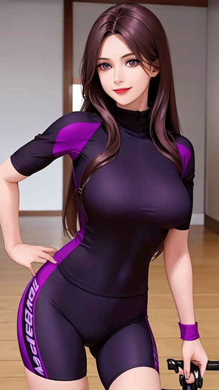 woman , long hair brown, normal, dark, she is solo, from alternative world ,best quality, realistic, cycling (full dark purple color) suit and cycling sports black shorts, she is stand , smile, red lipstick , 