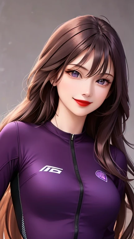 woman , long hair brown, normal, dark, she is solo, from alternative world ,best quality, realistic, cycling (full dark purple color) suit and cycling sports black shorts, she is stand , smile, red lipstick , 