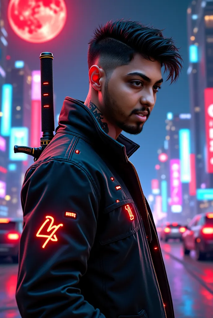 Character wearing a futuristic black cyberpunk themed Neon jacket standing in a futuristic night city, the jacket also has small yellow lights on it. Character has a cyberpunk themed black hair with taper fade and undercut with art. Character also has a ni...