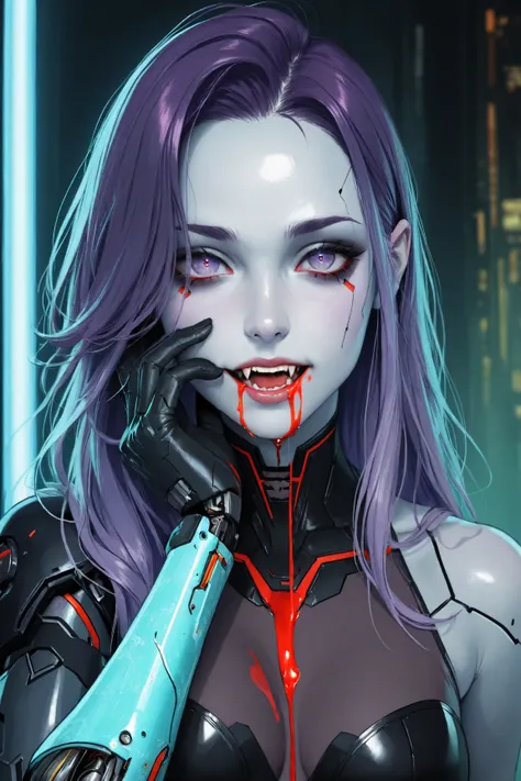 Sexy, sultry, cybernetically enhanced vampire, bionic arm, visible fangs, blood on mouth, blood on chin, blood dripping from face, long wavy dark purple hair, goth makeup, very pale skin, futuristic cyberpunk dystopian universe,