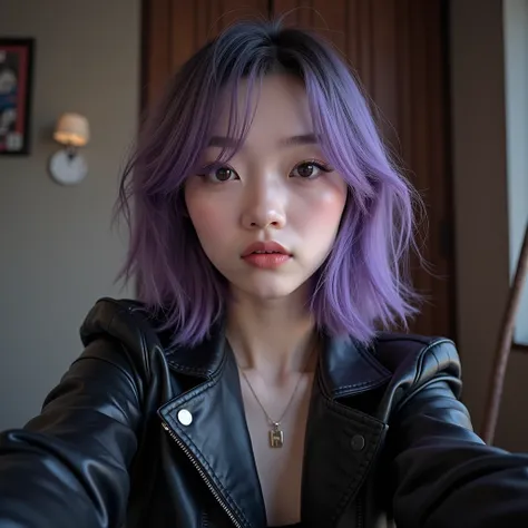 A 22-year-old Chinese girl, with metallic purple hair, has small black eyes and a small nose, features that make her look younger than she is but has an expression of maturity ,  dressed in leather clothing , selfie with filter to make it look dark