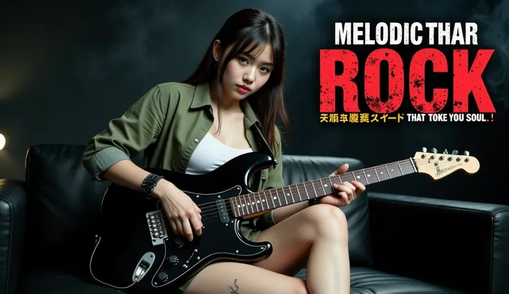 A 19-year-old Japanese young woman is sitting on a black sofa and playing a shiny black electric guitar in a dark and atmospheric setting. Her long hair is slightly messy, she is wearing a casual green shirt, a white crop top, and a short skirt. She is wea...