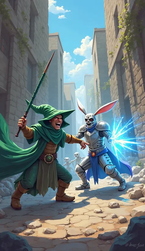 "A chaotic alley clash with gray and brown stone walls from the lair. Lão Loãng snarls furiously, pointing his green staff as skinny skeleton minions charge forward. Hiệp Sĩ Caltonat, the rabbit in silver-white armor with a blue cape and his radiant sword ...