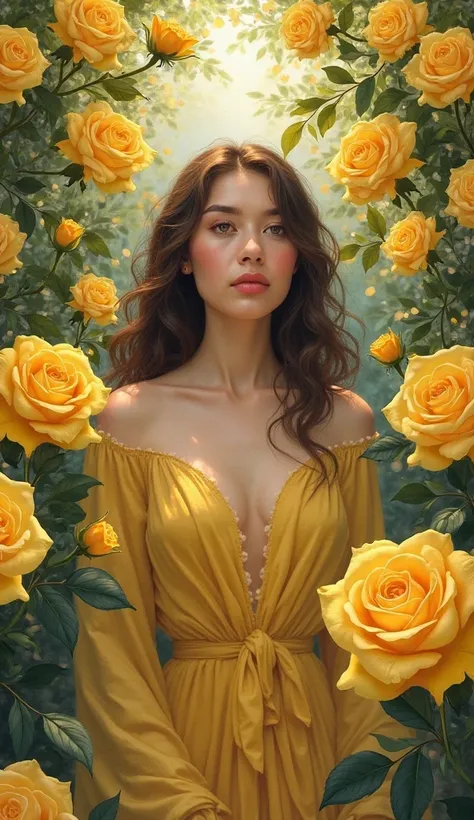 Breathe . a woman looking forward. symmetrical. She is at peace among yellow roses. Art Nouveau style.