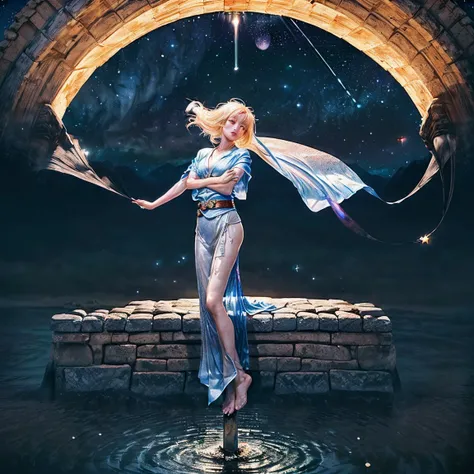 

(An elegant oriental woman crouches on an ancient stone bridge and looks at the sky），（The starry sky and moonlight paint a magnificent galaxy 1.3）ripples of water flow under the bridge reflect the bright stars in the sky（The water reflects the night sky，...