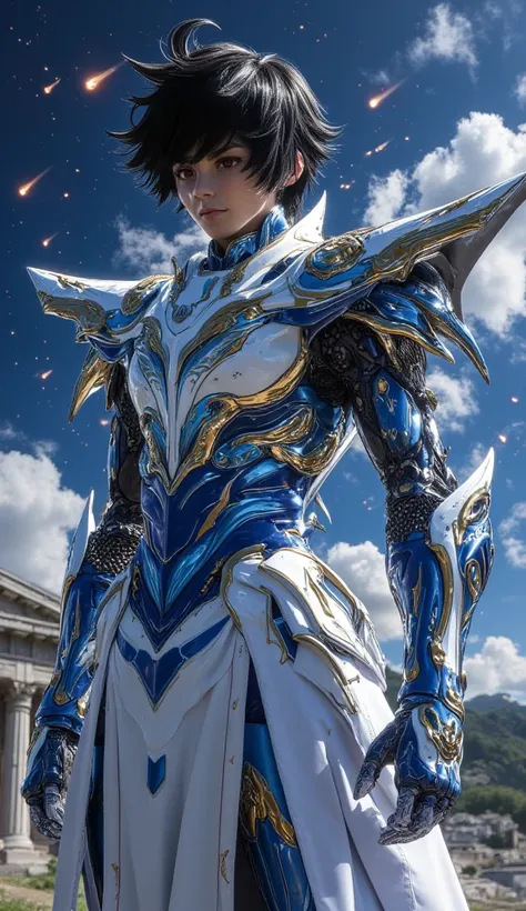  Saint Seiya; Seiya, Knight of Pegasus;  short black hair, Wearing the armor of the Pegasus constellation, with details that refer to the Pegasus horse; wings on the back White and blue colors; forward facing cuffs; In the background: greek temple, Where s...