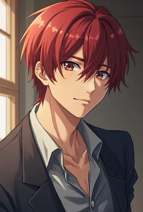 (man)(deep red hair)(short hair)(open-book bangs)(Attractive features)( almond eyes)( hazel eyes)( slim build)( Muscular and defined )( blemish-free skin)(naturally attractive at first impression)(deep and masculine voice)(pleasant to hear voice) anime