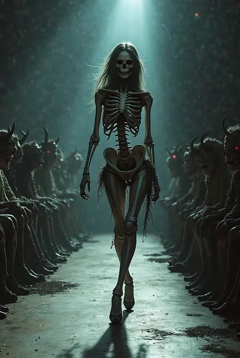 skeletal zombie woman walking down catwalk in high heels, with audience of laughing demons