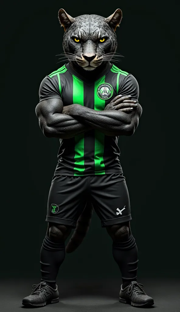 Here is your prompt in English:

"A black jaguar mascot of a soccer team, wearing a black and green uniform. The jersey is black, green, and white with vertical stripes. Black shorts. Black socks. The jaguar has an angry expression. It is standing with arm...