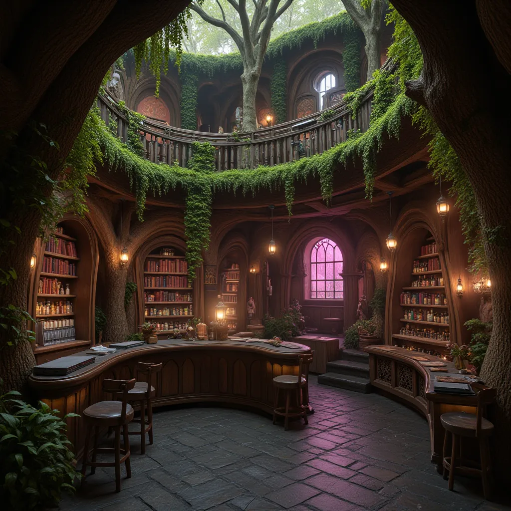 realistic photo, best quality, no humans, an enchanting bar features a fantasy woodland aesthetic, with tree-like structures, arched windows, and soft pink light filtering through the windows, casting a dreamy, mystical glow over the space. Organic wooden ...