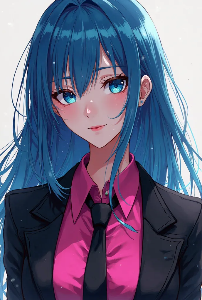 adult anime woman with blue hair and with black jacket and pink shirt and black tie and blue eyes 