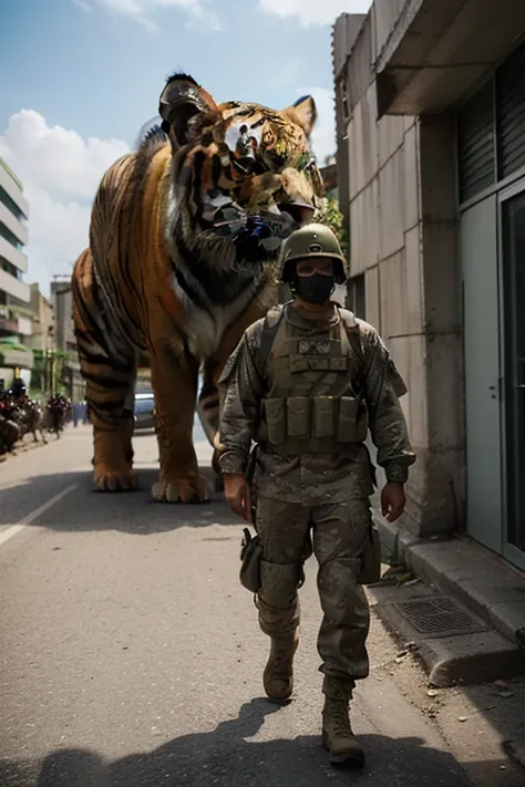 A realistic photograph of a man in a military Army  special forces Indonesia
 walking side by side with a super giant Tiger with thick fur military army, both walking directly towards the camera in a straight line, with a futuristic city as the background