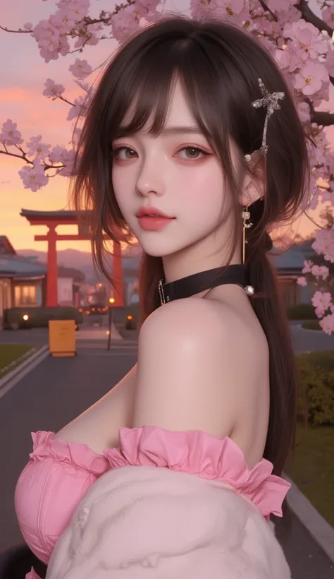 TOP QUALITY, Ultra High Definition, (Photorealistic:1.4), 1 girl,  nudes, H cup breasts, pink nipples,  black choker, smile,  shoulder out, solo focus, Watch Viewers, white skin,sunset,cherry blossomsの木,photon mapping, physical base rendering, RAW photo, v...