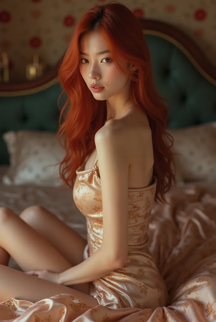 Asian girl with reddish hair long ass big long legs in the background of a silk bed