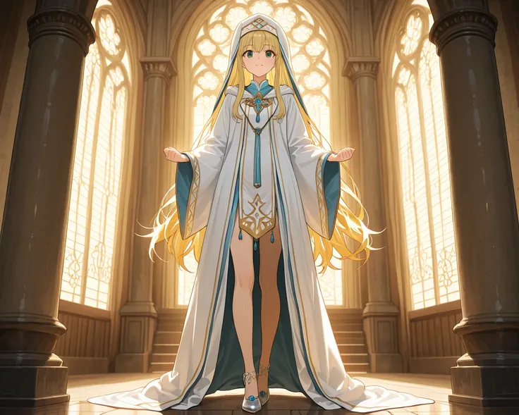 3girls, full body, standing, bare legs, light skin, long hair, priestess costume, priestess shoes