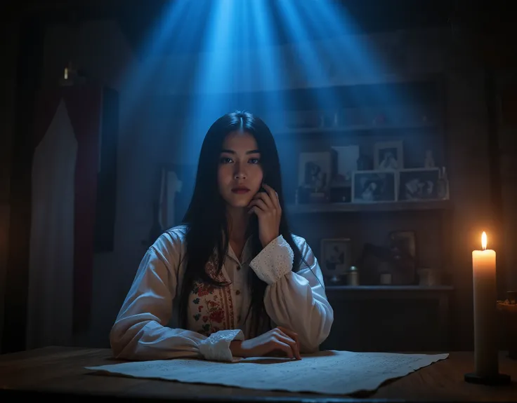 A professional photograph of a woman sitting at a rustic wooden table in a dimly lit, mystical room. She has long, straight black hair, warm brown skin, and deep, expressive eyes. She wears a traditional white dress adorned with intricate floral embroidery...