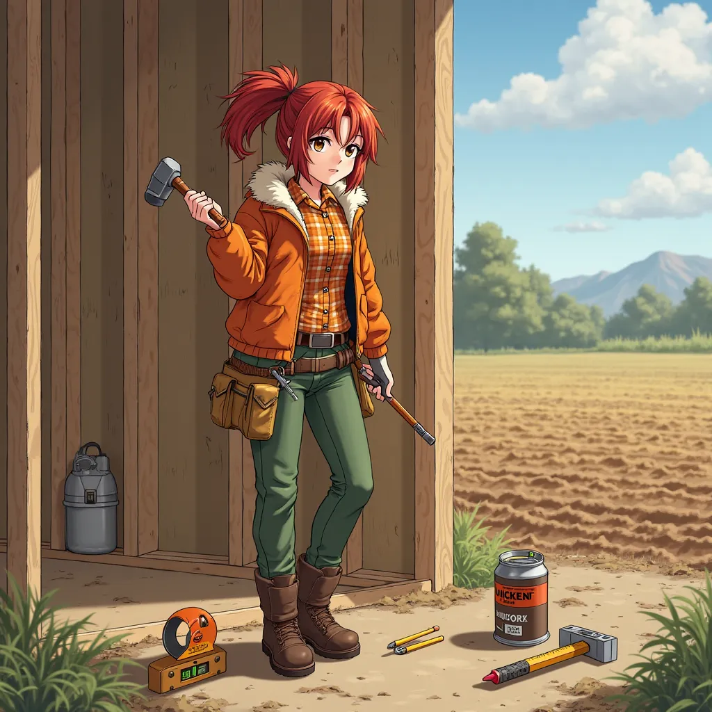 (Anime woman with shoulder length auburn hair with a pony tail,pencil and a heavy duty measuring tape on the ground, wearing a orange jacket with a fur trim and a plaid orange shirt underneath, green sturdy pants,brown work boots, utility tool belt), (hold...