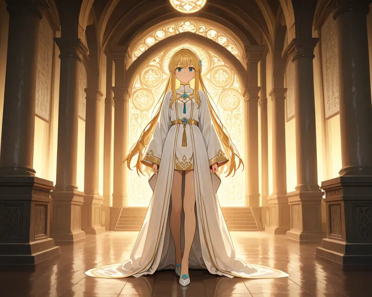 3girls, full body, standing, bare legs, light skin, long hair, priestess costume, priestess shoes