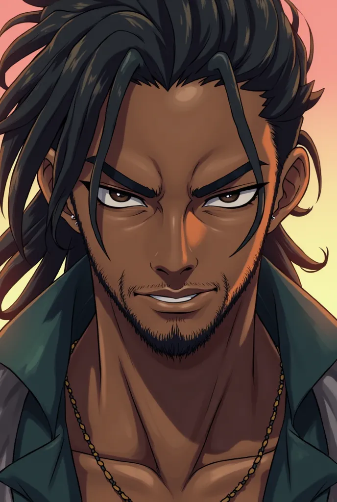 a close up of a person with dreads and a necklace, ( ( dark skin ) ), official character art, handsome guy in demon slayer art, yasuke 5 0 0 px models, official character illustration, male anime character, fighting game character, character artwork, chara...