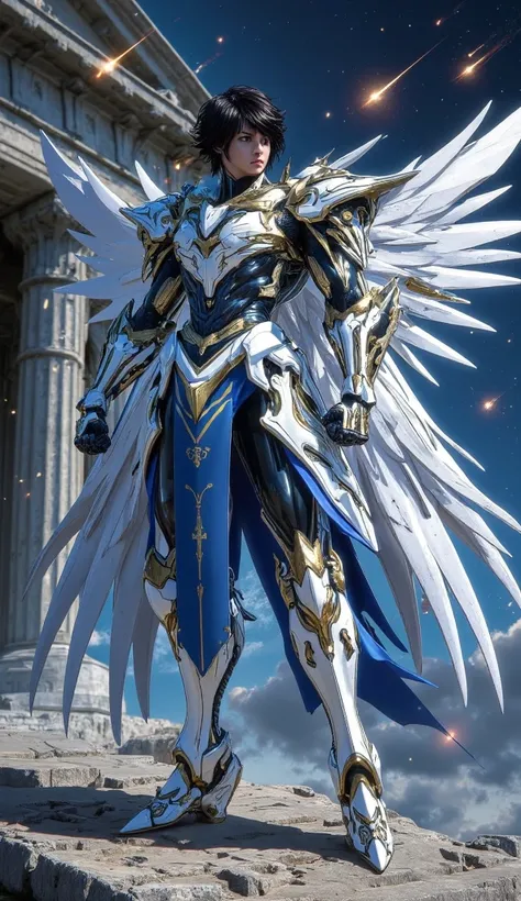  Saint Seiya; Seiya, Pegasus Knight ;  short black hair, Wearing the armor of the Pegasus constellation, with details that refer to the Pegasus horse; wings on the back White and blue colors; forward facing cuffs; In the background: greek temple, Where sev...