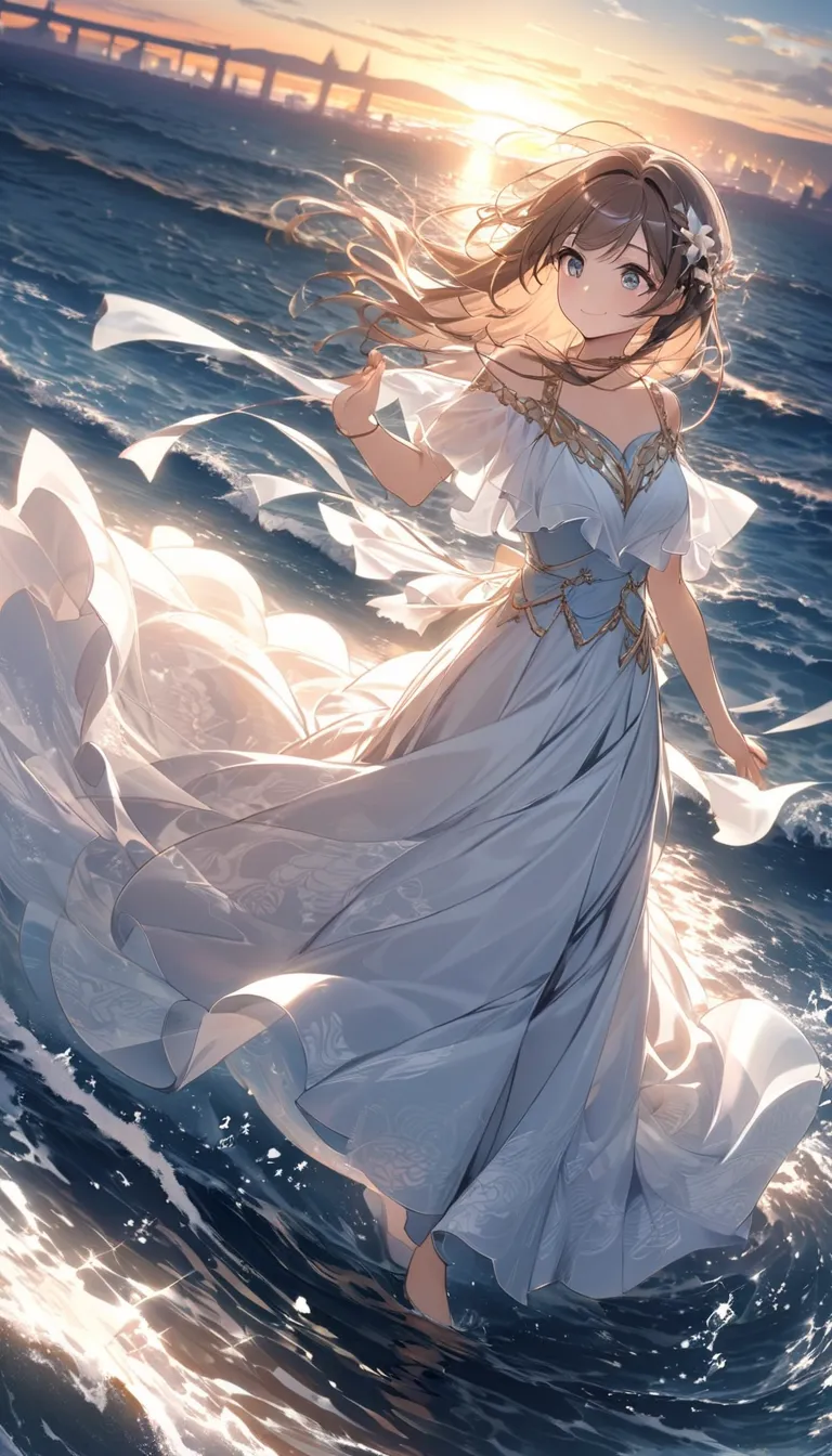 Dancing on the sea is a very beautiful scene，it includes waves、spray、girl、long skirt、Elements like wind and skyline。in this scenario，The afterglow of the setting sun spills on the sea，Her figure is reflected。She wears a flowing Long skirt，Under the sea bre...