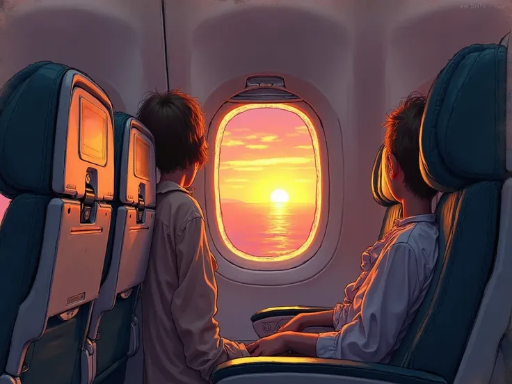 create a sketch like image of an inside of an airplane cabin that is facing the window looking to sunset