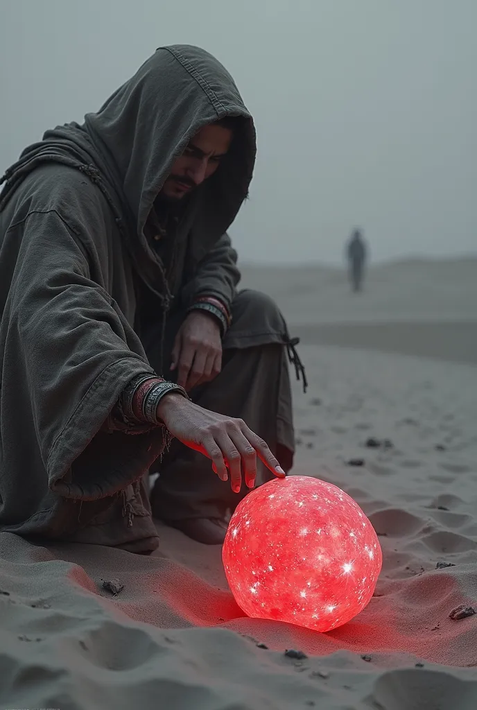 Red stone, Initially a white glowing stone, turning into a ruby-like stone with a vibrant red color when touched, lying in the gray sand, Traveler, Traveler in a worn hooded robe, touching the stone, Desert, Gray sand dunes, surrounding sand slightly turni...