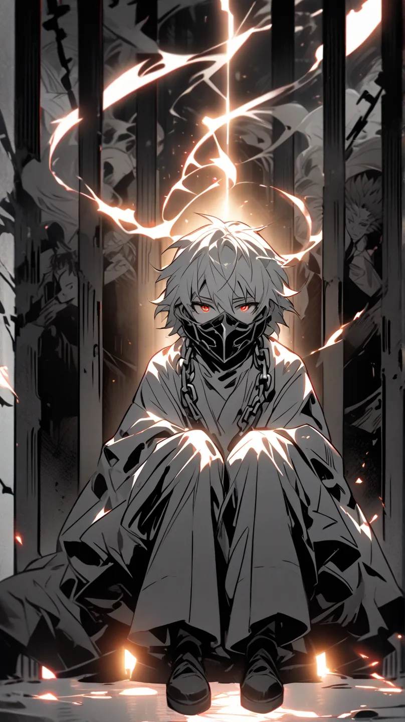 A young adult, likely age, male anime character, with long, flowing white hair, sits in a prison-like setting.  Character's skin tone is light, possibly fair.  He wears a light gray, almost white, loose-fitting, robe-like outfit, resembling prison attire. ...