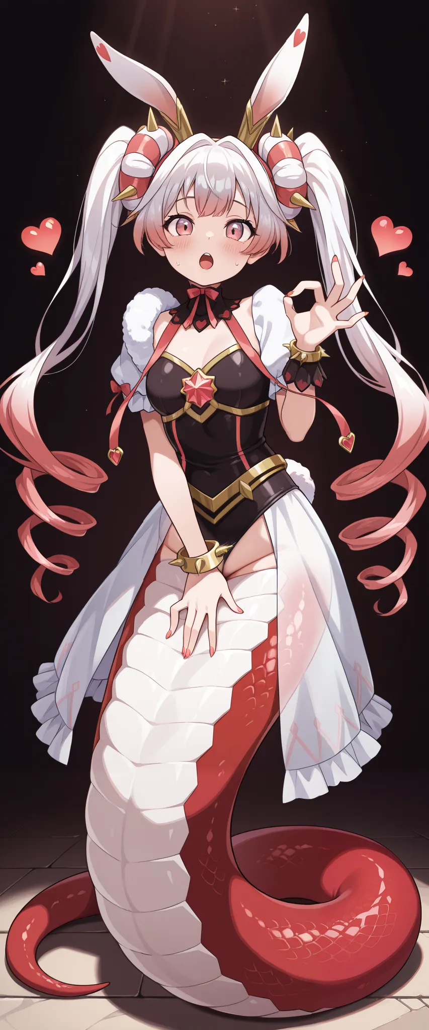 1 Girl,Alone,open mouth, big ,Rift,malice pawn white rabbit, dress,Long skirt,peak,Spike bracelet , double ponytail,see-through skirt,Red Heart Face Marker,Rabbit Girl, lamia,red snake female tail, cute,Love gesture,
 masterpiece,best quality,( full five f...